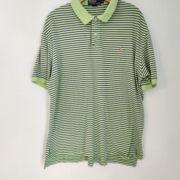 Polo Ralph Lauren Polo Shirt Green Blue Striped Short Sleeve Pony XL‎ Golf EUC - Picture 4 of 9